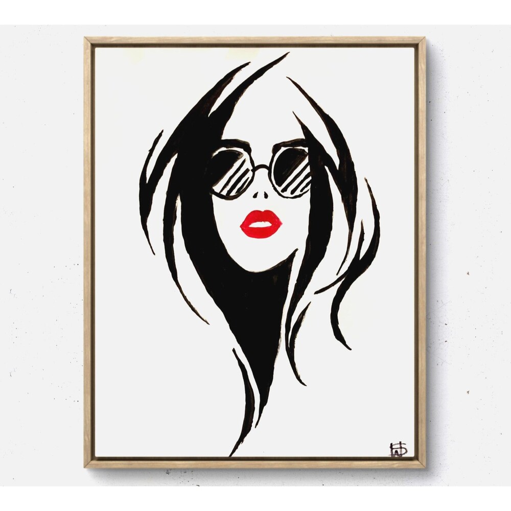 WS original red lipstick silhouette painting 14X11 gallery paper modern wall art